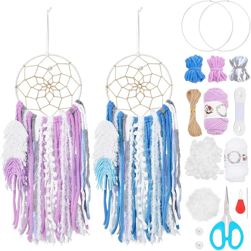BEUNITONE DIY Two-Color Dreamcatcher Kit 2 Set 19.69“ x 5.91“ Boho Purple Blue Wool Yarn Handmade Dream Catcher for Beginner Dream Catcher for Women Gifts DIY Wall Decor for Bedroom, Livingroom - Image 1